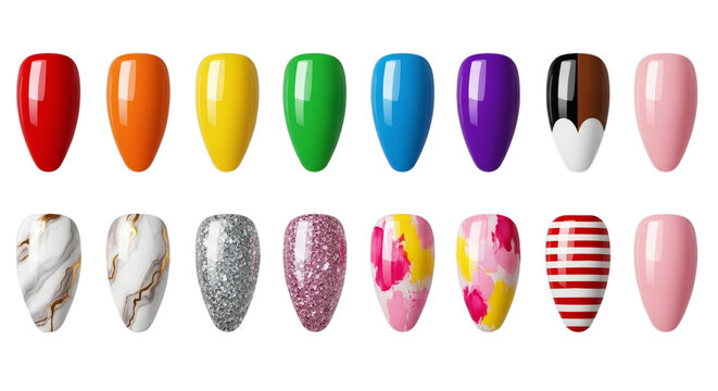 Assorted artificial nail designs and colors isolated on a transparent background nails