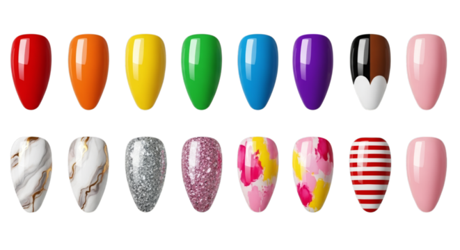 Assorted artificial nail designs and colors isolated on a transparent background nails