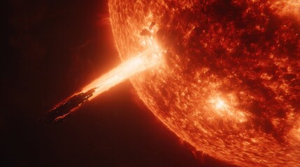 Bright, hot plasma erupts from the surface of a massive star, a celestial display of intense energy against the dark void of space