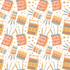 Colorful birthday cake pattern with candles in pastel tones.
