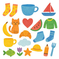 Kids and children background vector. Fun Childish hand drawn doodle design. Playful cartoon design for packaging design, wallpaper and print.