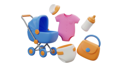 Baby items stroller bodysuit diaper bottle purse isolated on a transparent background image