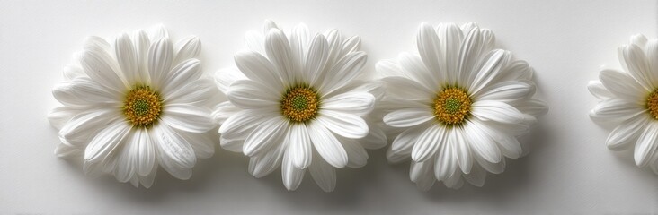 Close-up of four white daisies arranged horizontally on a white surface, displaying bright yellow centers and delicately textured petals
