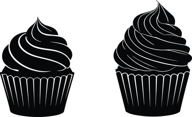 Silhouette illustration of two cupcakes with frosting, sweet dessert icons for bakery, celebration, food design, confectionery, or party decoration
