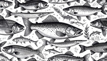 Detailed monochrome illustration of various fish species