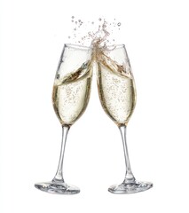 Two slender flutes, filled with bubbly liquid, clink together, creating a splash of spray against a clean white backdrop; celebrate with fizzing light beverage