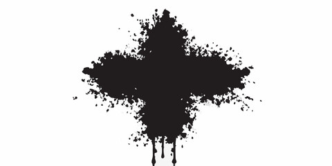 Abstract black ink splash in the shape of a cross with dripping paint on white background