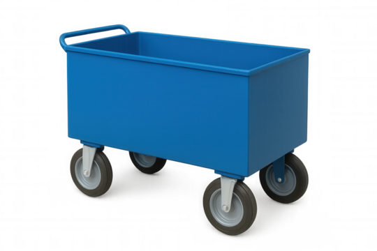 Large, empty blue metal industrial cart featuring four sturdy wheels, isolated against a transparent background for versatile use
