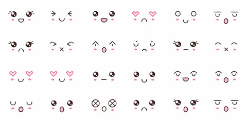 Naklejka premium Collection of cute kawaii anime style faces expressing various emotions and feelings