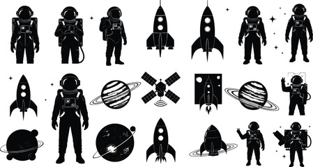 Silhouette vector illustrations of astronauts, rockets, planets, satellites, and space exploration objects representing science, technology, and outer space