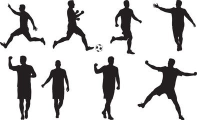 Soccer player silhouette set, dynamic football poses, kicking, running, celebrating, sports action vector for athletic design and illustration