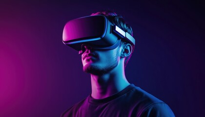 Futuristic Portrait Of A Young Man In Virtual Reality Headset For Avatar, Profile, Poster Design. Embracing Modern Technology Aesthetics.