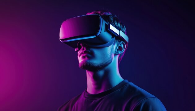 Futuristic Portrait Of A Young Man In Virtual Reality Headset For Avatar, Profile, Poster Design. Embracing Modern Technology Aesthetics.