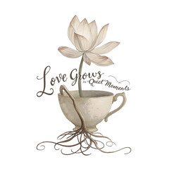 Love Grows in Quiet Moments – Vintage Teacup with Lotus Flower and Roots, Grandparents Day Concept Art