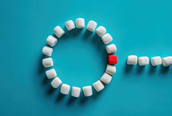 A ring of white marshmallows with one red marshmallow sitting slightly apart, and a short row of white marshmallows, all on a bright blue background