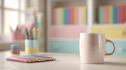A pastel colored, warm-toned workspace featuring a mug, colored pencils and containers against a backdrop of blurred shelves filled with colorful files