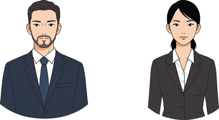 Portrait of two business professionals in formal attire, corporate team, office staff, vector illustration for workplace identity and branding