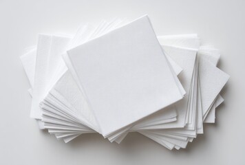 A stack of white, square paper napkins are layered, creating shadows and texture. The composition has a clean, minimalist aesthetic on a white background