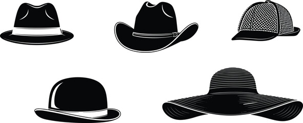 Silhouettes of five different hats including fedora, cowboy, sunhat, bowler, and baseball cap, fashion headwear vector illustration set