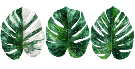 Three watercolor monstera leaves, one partially bleached, against a white backdrop. The green hues vary slightly, adding depth and realism