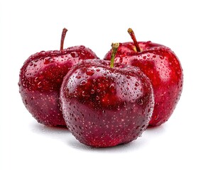Three ripe, red apples glistens with water droplets on a pure white background, showing their stems and textures