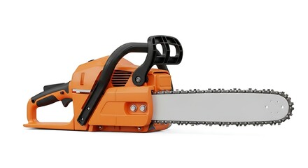 Naklejka premium Modern Orange and Black Chainsaw Isolated in a Clean Studio Profile Shot on White.