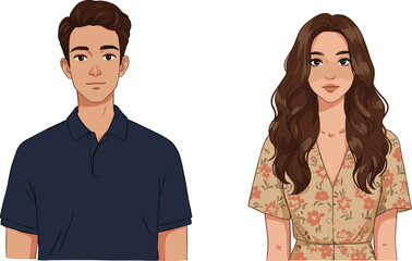Stylized illustration of two standing individuals in casual and floral attire, ideal for character design, fashion, and identity visuals.