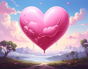 A large pink heart-shaped balloon floats above a serene landscape