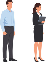 Two business professionals in formal attire holding folders, workplace fashion, corporate posture, vector illustration for office identity and branding