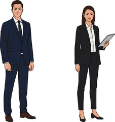 Two business professionals in formal attire with clipboard, corporate posture, vector illustration for office identity and professional presentation themes
