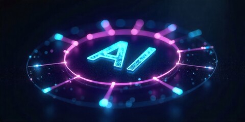 Futuristic artificial intelligence concept with a glowing neon AI logo at the center of an abstract digital network circuit on a dark background