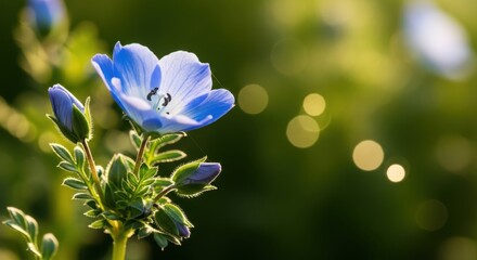 Delicate blue nemophila flower blooms with soft bokeh background in sunlight