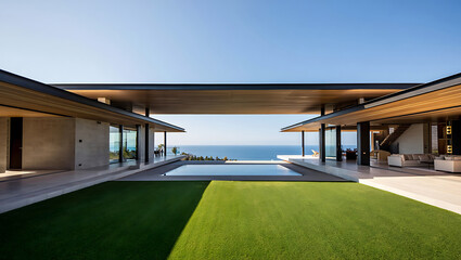 Fototapeta premium Modern luxury house with a swimming pool overlooking the ocean on a sunny day in california, usa