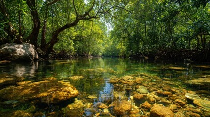 Obraz premium A tranquil river flows through a lush green forest, with sunlight filtering through the trees and illuminating the clear water