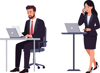 Vector illustration of business professionals multitasking with laptops and documents, ideal for modern office productivity and tech-driven workplace themes