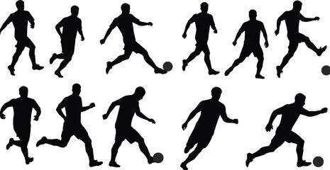 Soccer player silhouette collection, kicking, running, ball control, football action poses, sports movement, black figures, isolated, dynamic, training