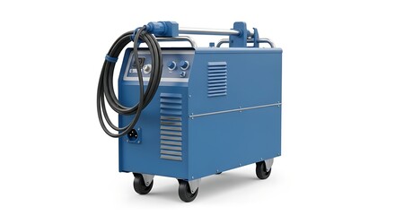 Robust Blue Mobile Welding Machine on Casters, Isolated on a Clean White Studio Background.
