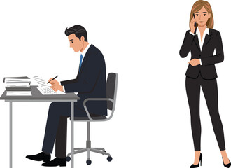 Vector illustration of business professionals working with documents and phone calls, ideal for office productivity and professional communication themes