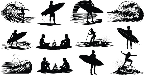 Surfing silhouette vector set, beach waves, surfers, sunset scenes, campfire moments, paddleboarding, ocean lifestyle, summer vibes, black design
