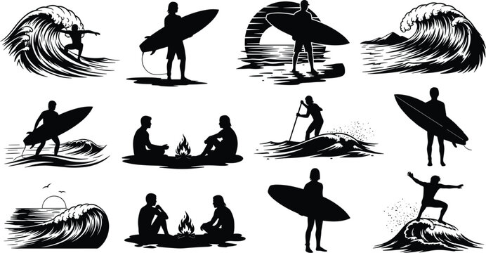 Surfing silhouette vector set, beach waves, surfers, sunset scenes, campfire moments, paddleboarding, ocean lifestyle, summer vibes, black design