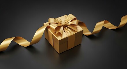 Golden Gift Box with Ribbon on Dark Background.