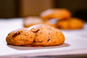 Cookies on tray with chocolate chips