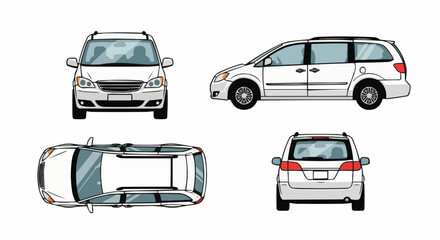 White Minivan Car Vector Illustration: Front, Side, Top and Back Views