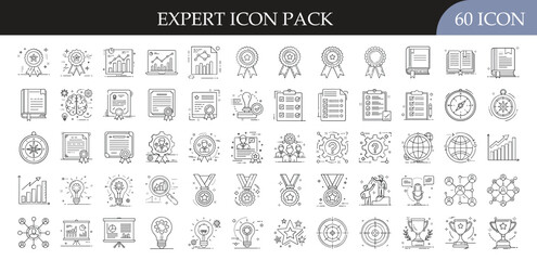 Expert Skills and Achievement Icon Set - Pack of 60 outline icons representing expertise, awards, certificates, training, knowledge, leadership, and recognition for professional and educational themes