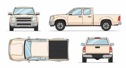 Vector illustration of a beige pickup truck in multiple views, transport design © Nofriyan