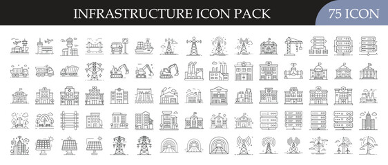 Urban Infrastructure and Construction Icon Set - Collection of 75 outline icons featuring buildings, roads, bridges, factories, energy plants, and city planning elements for infrastructure and develop