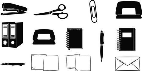 Black and white office supplies vector icons featuring stapler, scissors, paper clip, hole puncher, binders, notebooks, pen, sticky notes, and envelope.