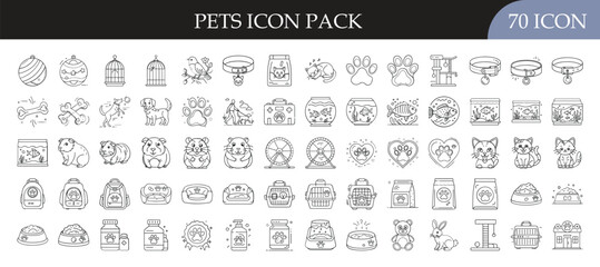 Pets and Animal Care Outline Icon Set - Collection of 70 outline icons featuring dogs, cats, birds, fish, cages, food, and accessories for pet care and animal lifestyle themes.
