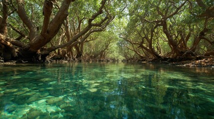Fototapeta premium A serene mangrove forest with crystalclear water reflecting the lush greenery, creating a peaceful and inviting natural landscape scene