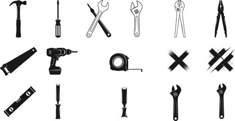 Black and white vector icons of essential hand tools including hammer, screwdriver, saw, power drill, wrench, pliers, chisel, tape measure, and symbols.